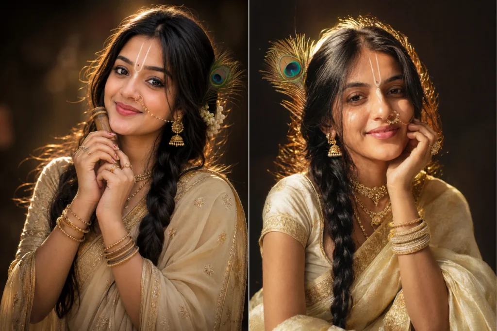 Ivory-Gold Saree Radha Rani Inspired Portrait