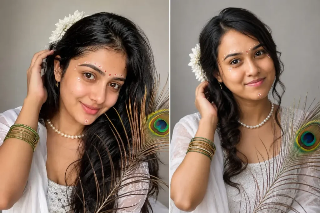 Radha rani Simple Look in White Traditional Dress with Peacock Feather