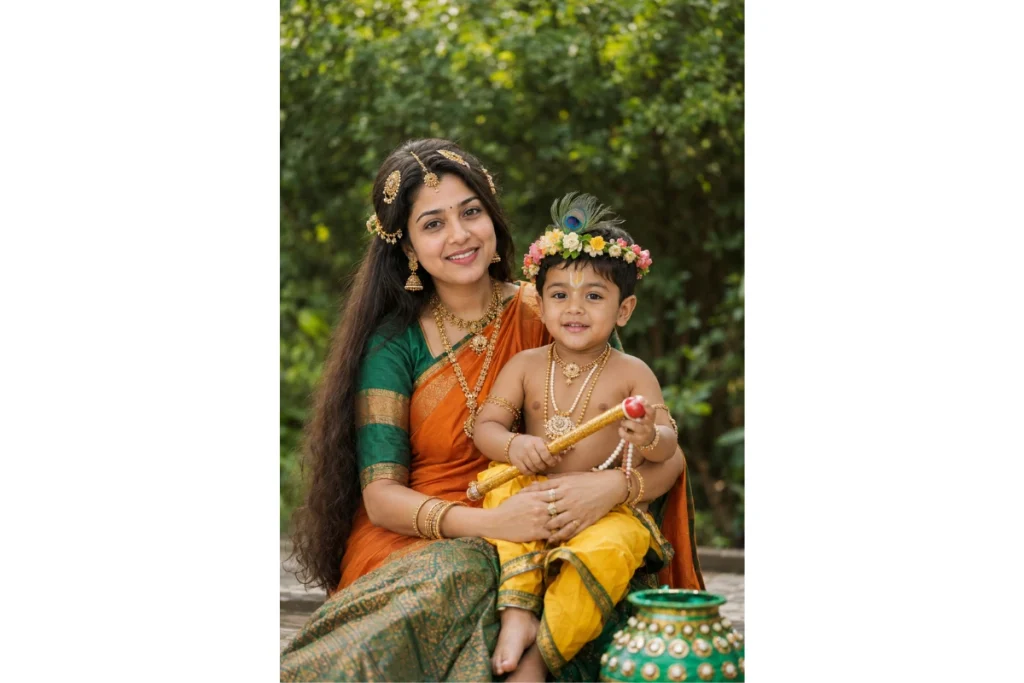 “Mother Yashoda holding little Bal Krishna in her lap, dressed in traditional Indian attire and floral ornaments.”