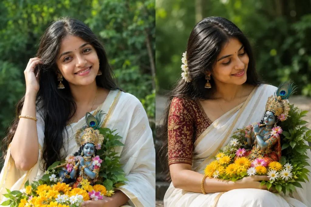 Radha rani holding a krishna idol surrounded by colorful flowers and greenery