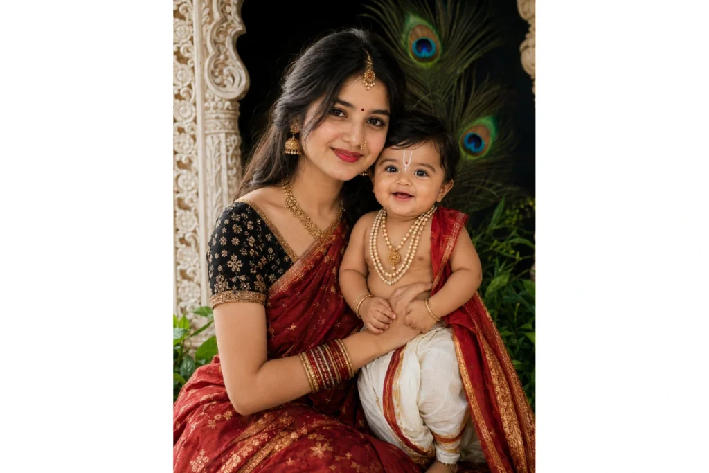 Elegant Temple-Style Yashoda Maa and Bal Krishna Portrait