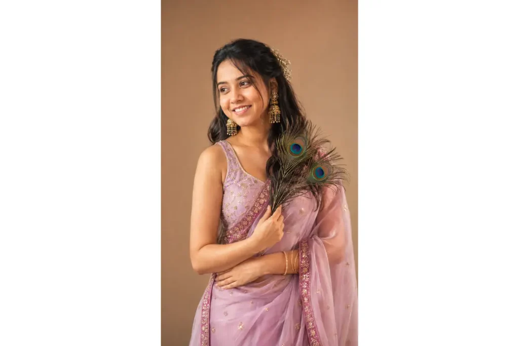 Lavender-Pink Lahenga Peacock Feather Portrait