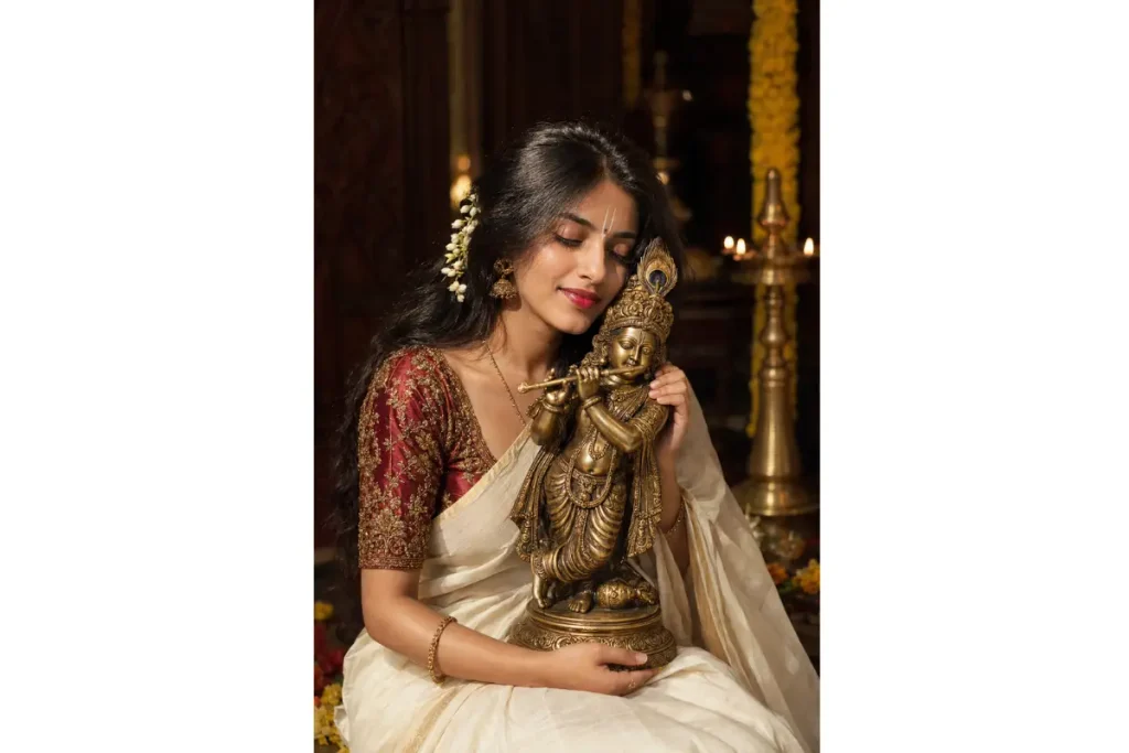 Beautiful Radha Rani Holding a krishna idol in a traditional temple setting.