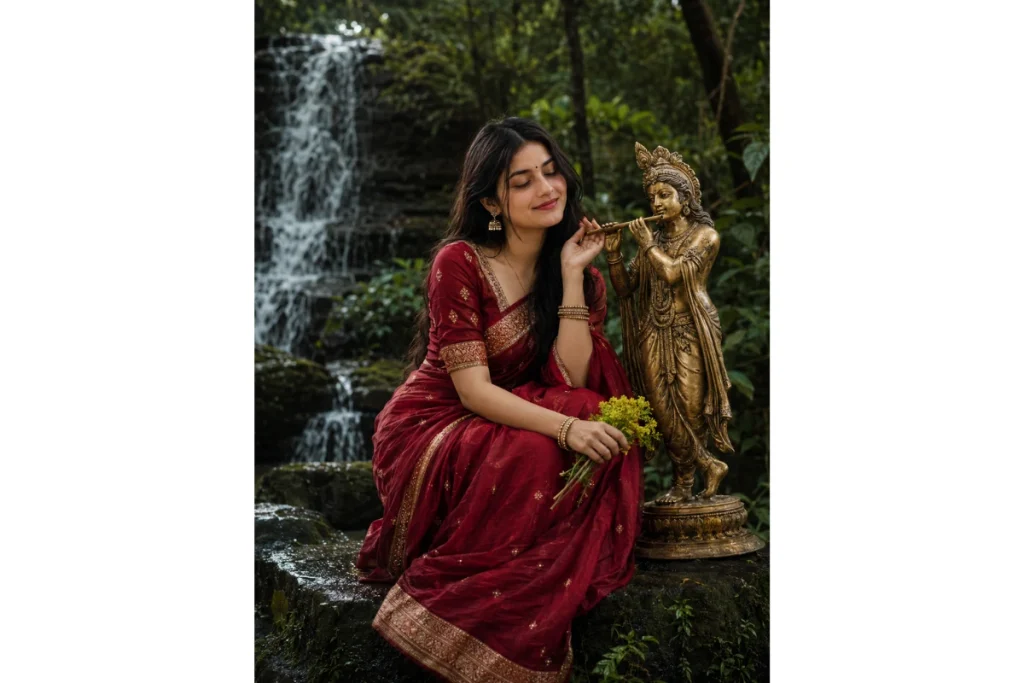 women in a red saree holding s krishna idol near a waterfall