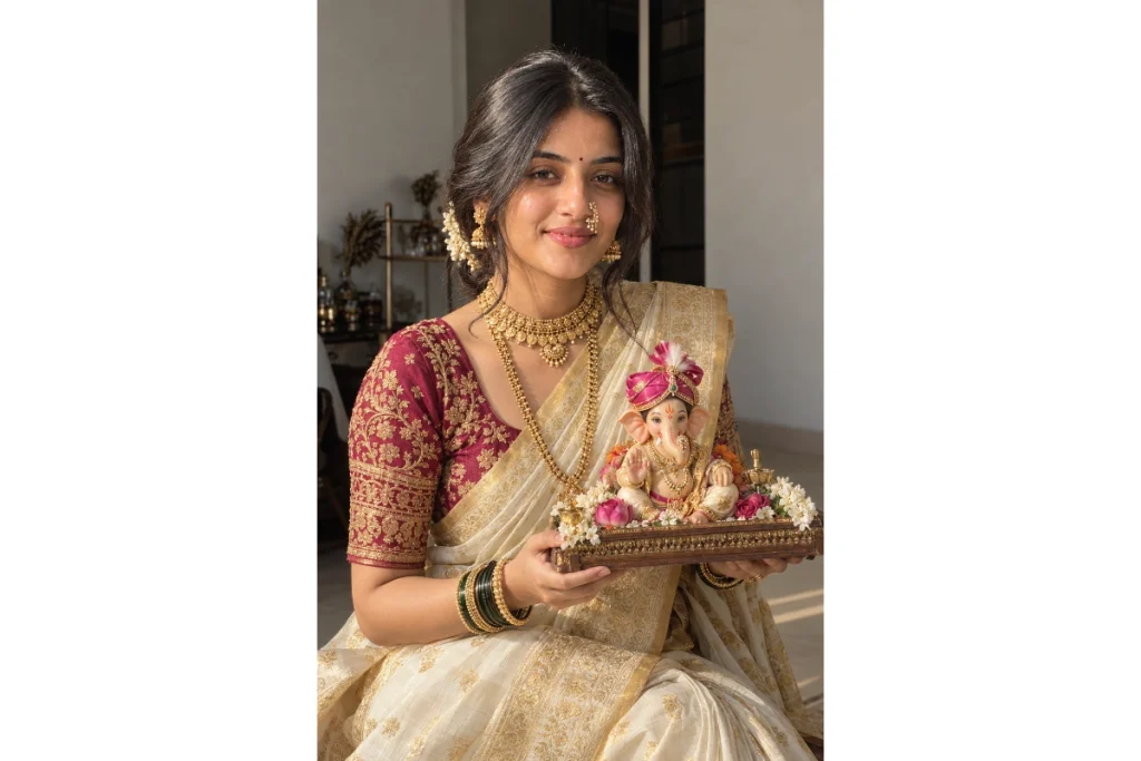 Ivory Maharashtrian Navvari Look with Bappa
