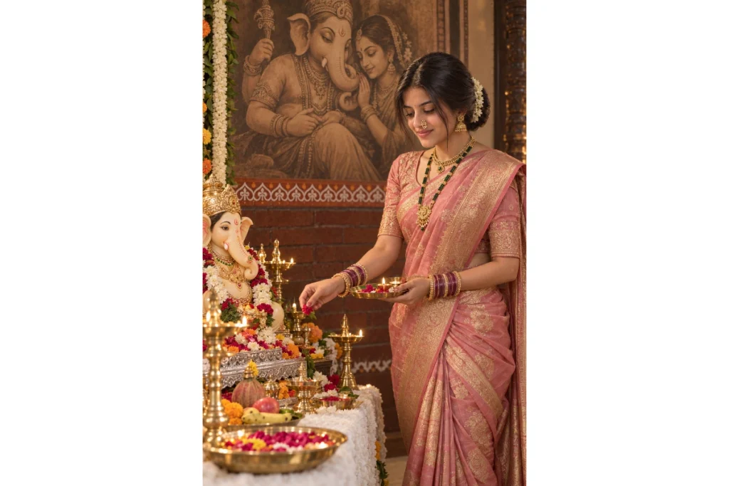 Dusty Pink Navvari Ganpati Puja Look