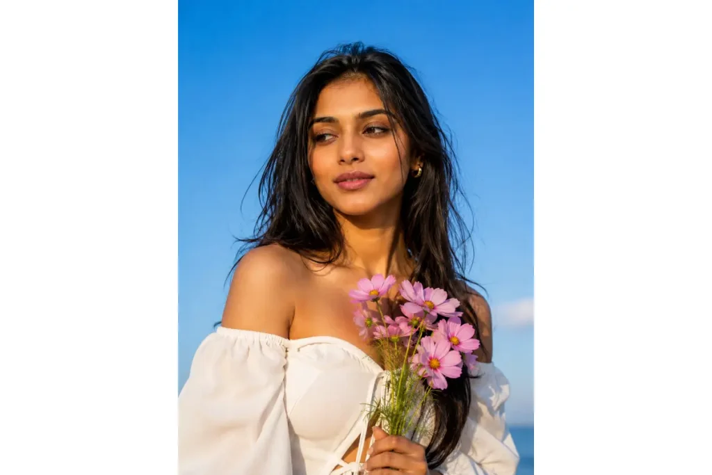 Realistic AI portrait of a woman holding pink flowers against a blue sky