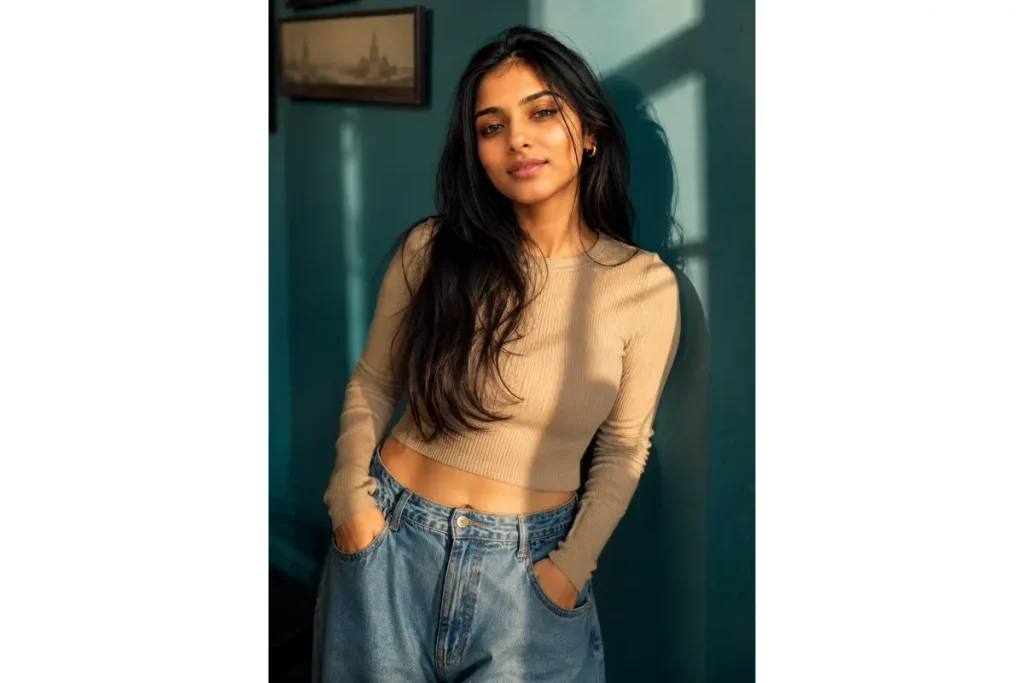 Realistic AI portrait of a woman in a beige top and blue jeans