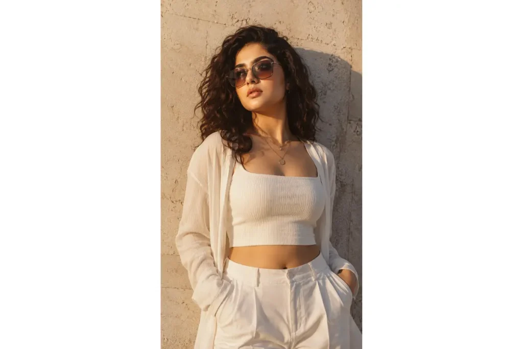 Realistic AI portrait of a woman in a white outfit wearing sunglasses