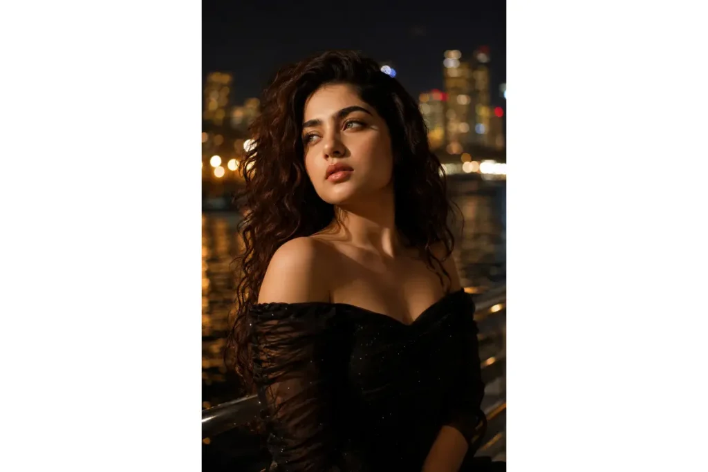 Realistic AI portrait of a woman in a black off-shoulder dress with city lights