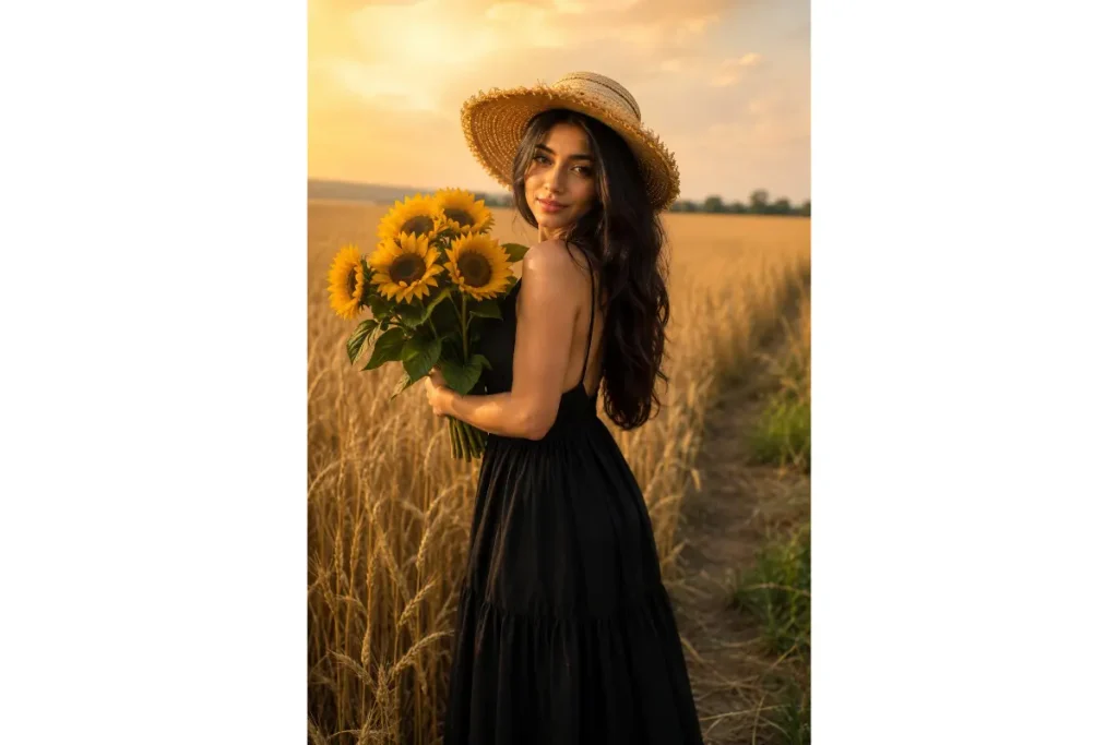 Realistic AI portrait of a woman in a black dress holding sunflowers in a golden wheat field