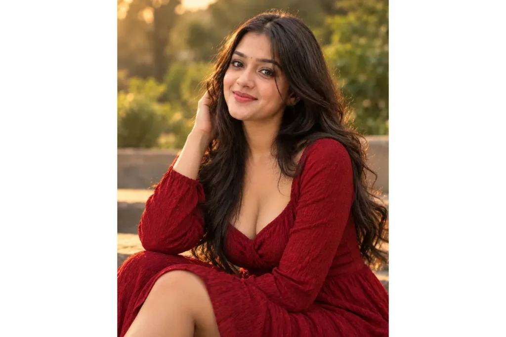 Realistic AI-generated portrait of a smiling woman in a red dress with warm outdoor lighting