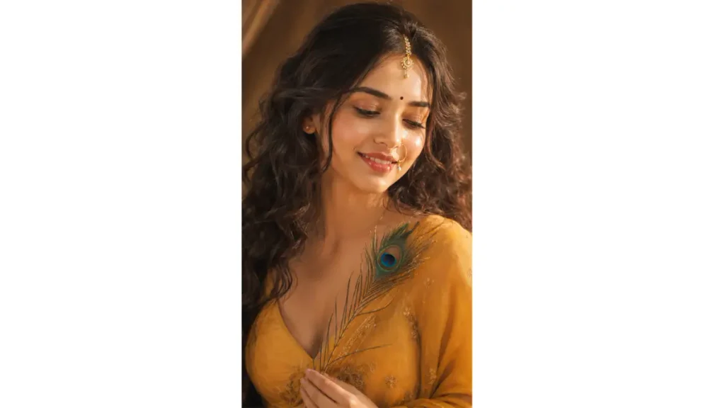 Saree and Peacock Feather Radharani Look, The mustard-yellow saree, golden jewelry, delicate maang tikka, serene expression, and peacock feather create a beautiful traditional Indian visual. The warm golden-brown lighting.
