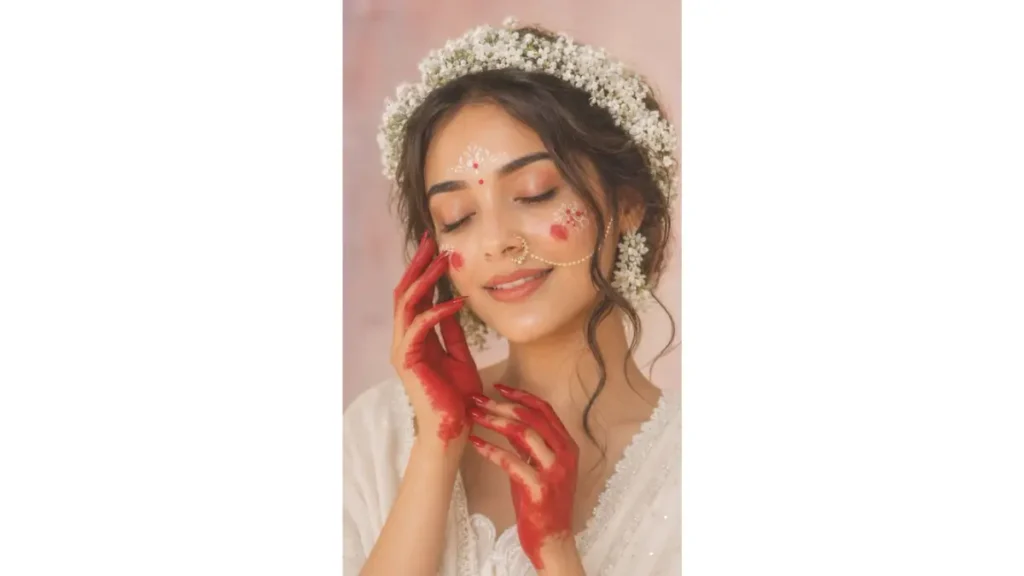 Dreamy Floral and Alta-Inspired Radharani Portrait, The white floral crown, floral earrings, delicate face art, red alta-covered hands, and soft pink background create a dreamy traditional appearance. The closed eyes and gentle pose.