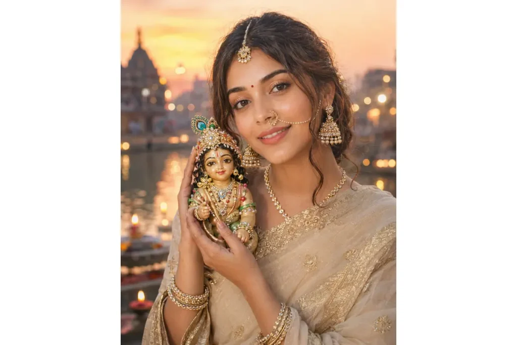 “Young Indian woman in an elegant cream saree holding a beautifully decorated Bal Krishna idol during Janmashtami visarjan at a riverside ghat.”