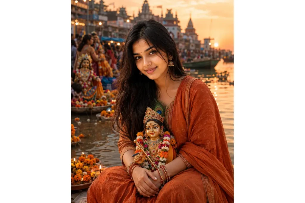 “Young Indian woman in a traditional orange outfit holding a beautifully decorated Bal Krishna idol during Janmashtami visarjan at a riverside ghat.”