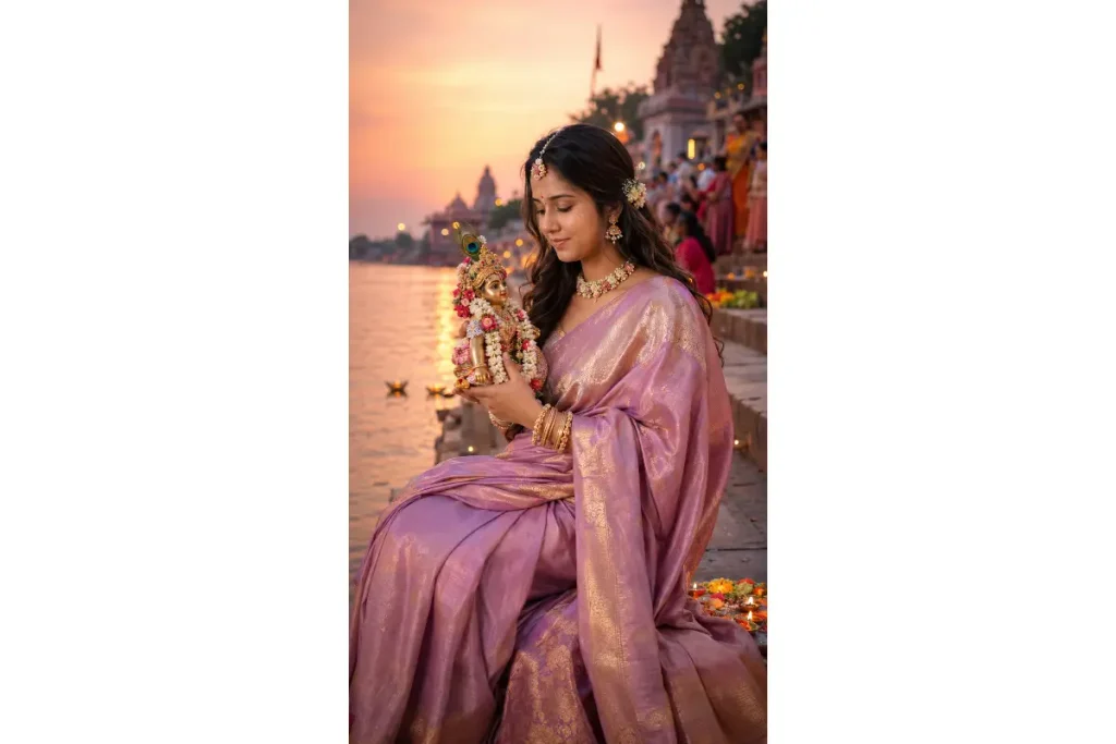 “Young Indian woman in a pink traditional saree holding a beautifully decorated Bal Krishna idol during Janmashtami visarjan at a riverside ghat.”