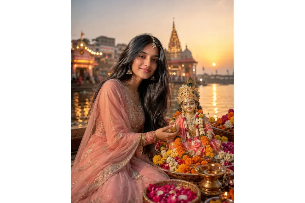 “Young Indian woman in a pink traditional outfit holding a beautifully decorated Bal Krishna idol during Janmashtami visarjan at a riverside ghat.”