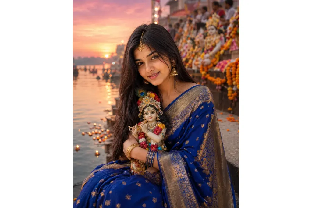 “Young Indian woman in a blue traditional saree holding a beautifully decorated Bal Krishna idol during Janmashtami visarjan at a riverside ghat.”