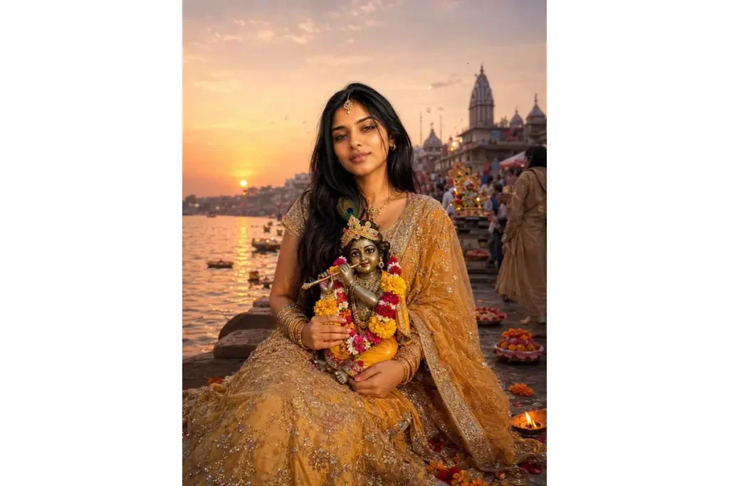 “Indian woman holding decorated Bal Krishna idol during Janmashtami visarjan at a riverside ghat.”