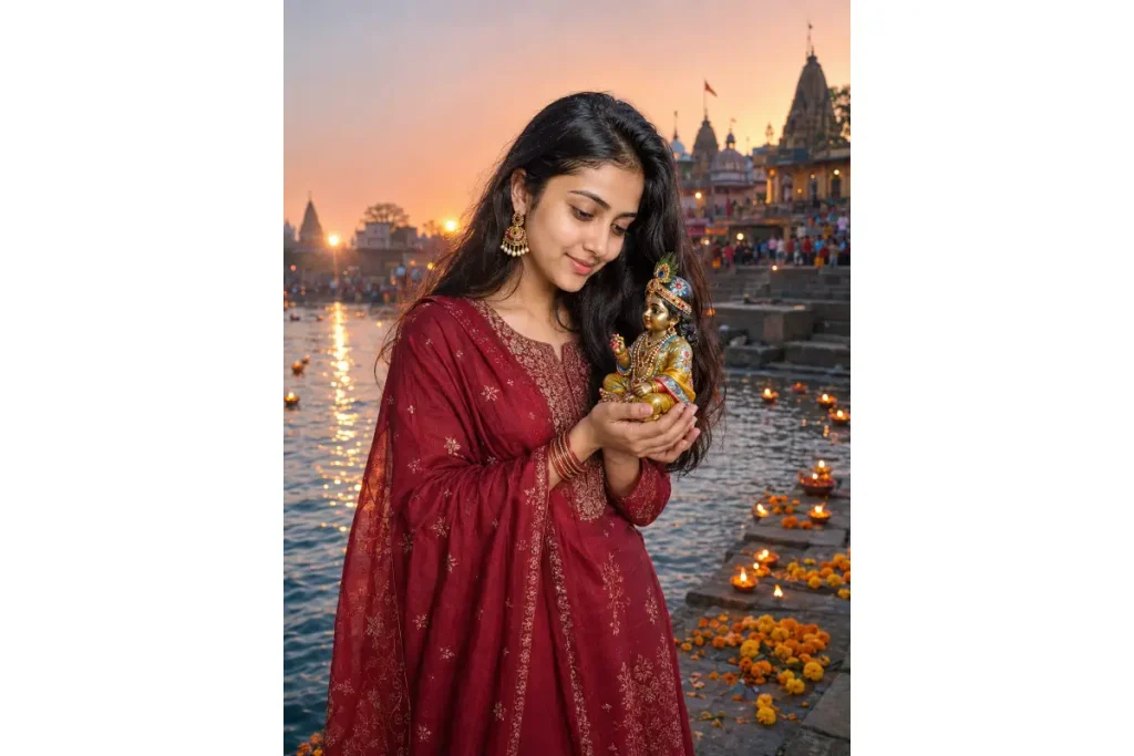 “Young Indian woman in a red saree holding a beautifully decorated Bal Krishna idol during Janmashtami visarjan at a festive riverside ghat.”