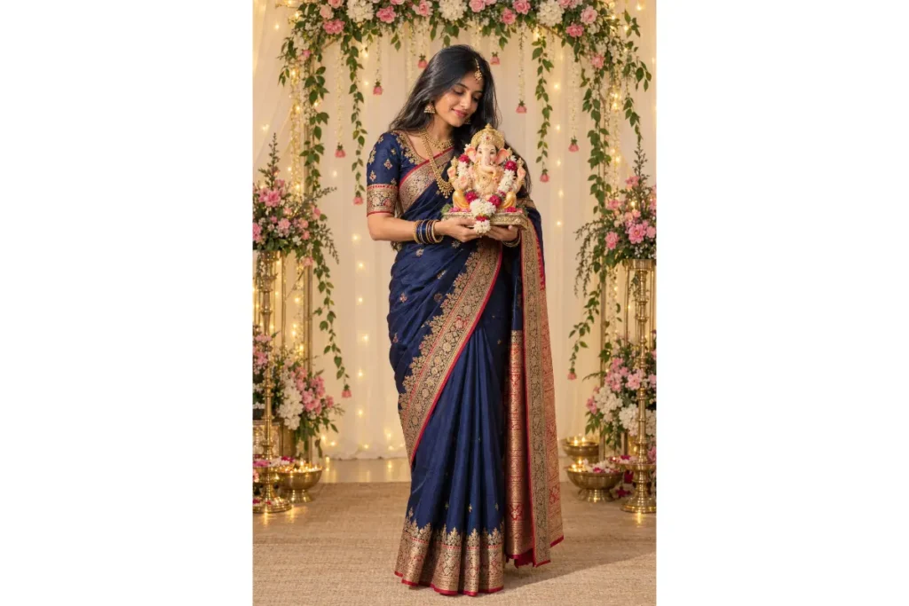 Navy Blue Saree with Festive Floral Decor