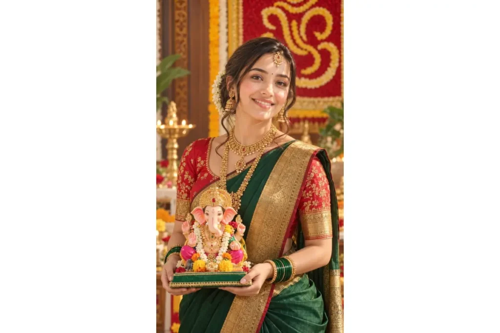 Green Silk Saree with Red Blouse