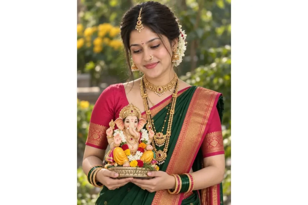 Dark Green Saree with Maharashtrian Headpiece