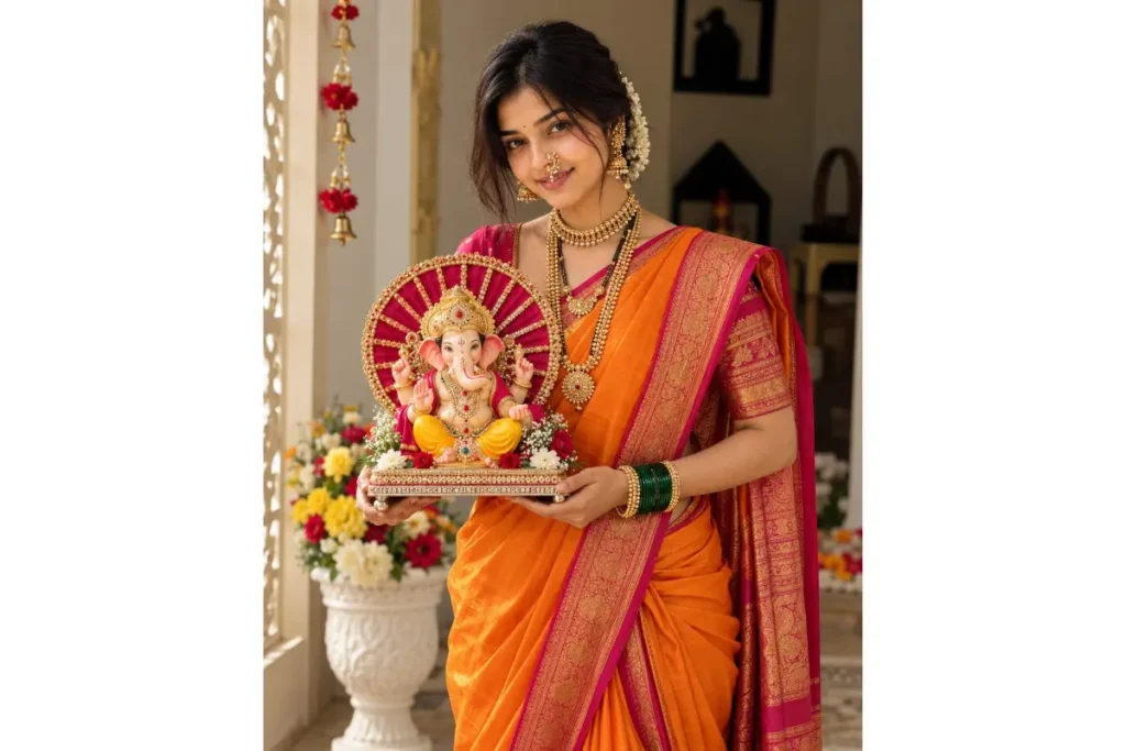 Orange Maharashtrian Lugda with Bappa