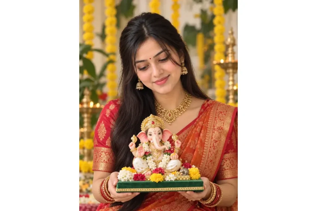 Red-Orange Saree with Bappa