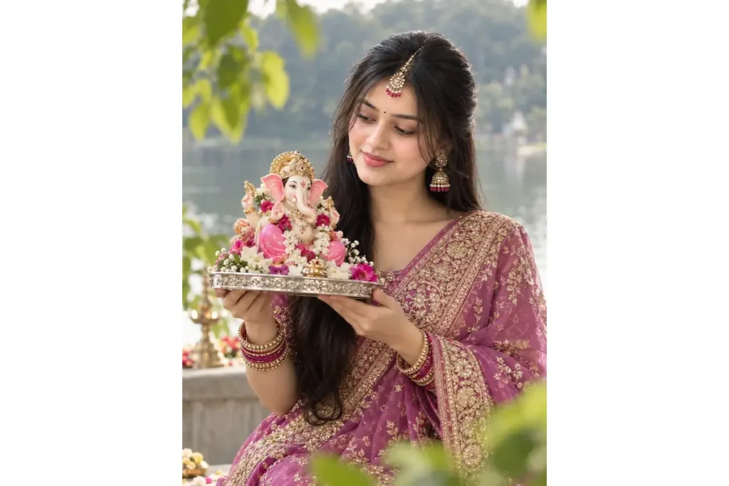 1. Purple-Pink Saree with Ganesh Idol