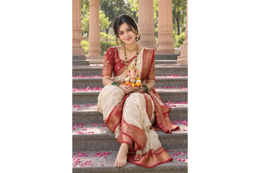 Red and Cream Nauvari Look on Heritage Steps