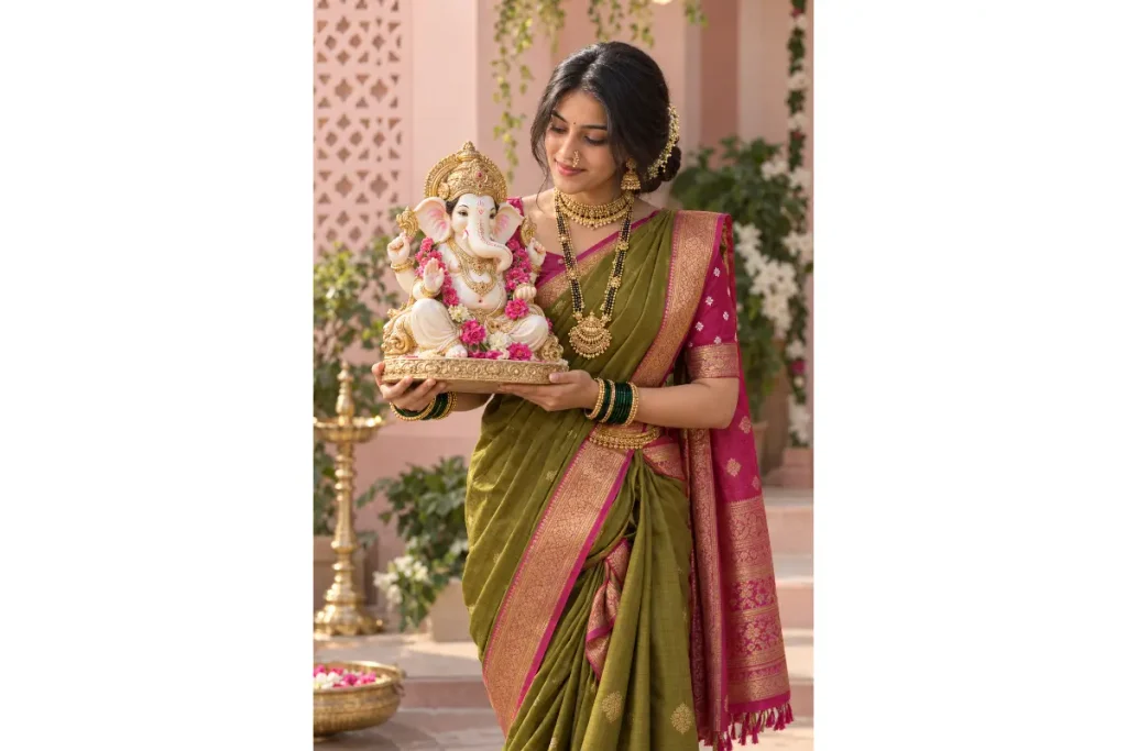 Olive-Mustard Green Navvari with White Ganesha