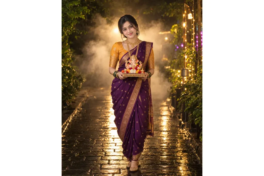Purple Navvari Look with Ganpati at Night