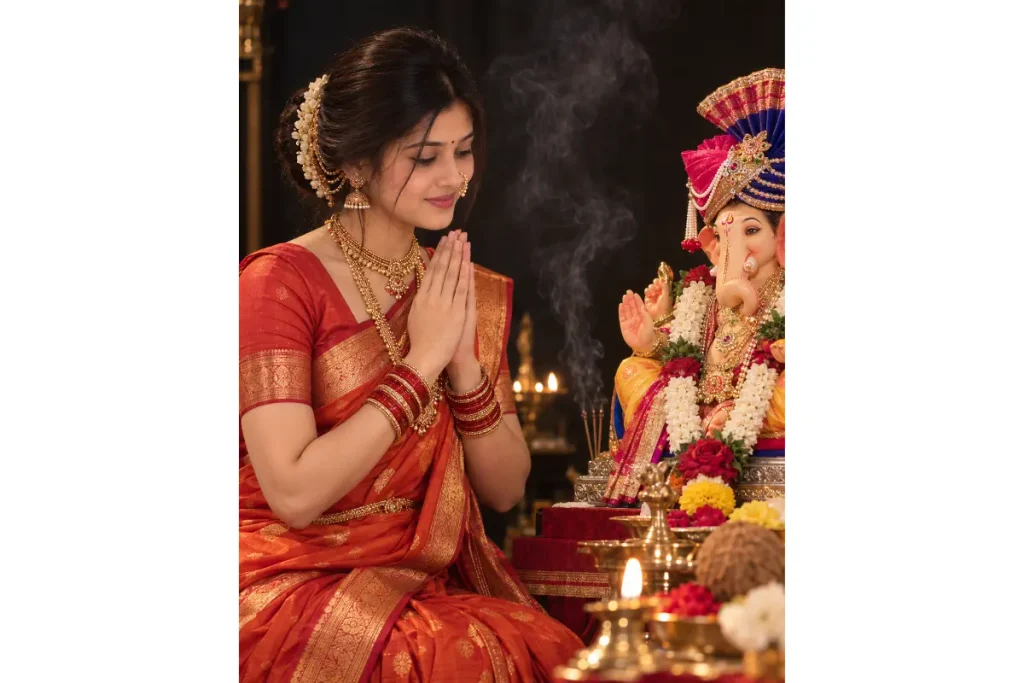 Red-Orange Navvari with Namaste and Bappa