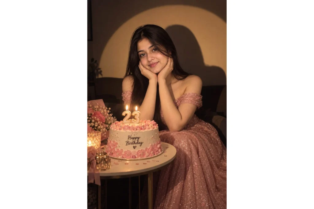 Woman in a shimmering pink dress posing beside a birthday cake with the number 23 and candles.