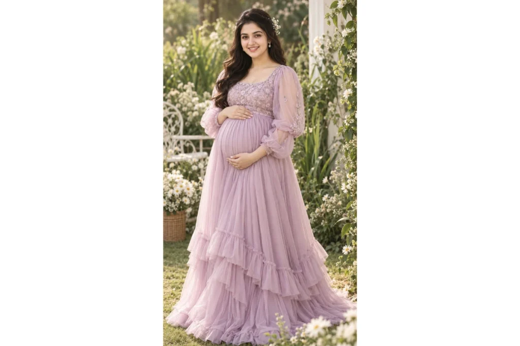 Pregnant woman wearing a soft pink layered maternity gown posing outdoors in a flower-filled garden