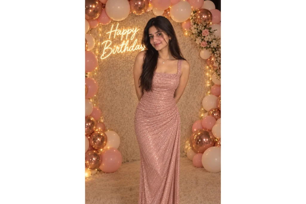Woman in a pink evening dress posing at a birthday celebration with a gold backdrop, balloons, and “Happy Birthday” decoration.