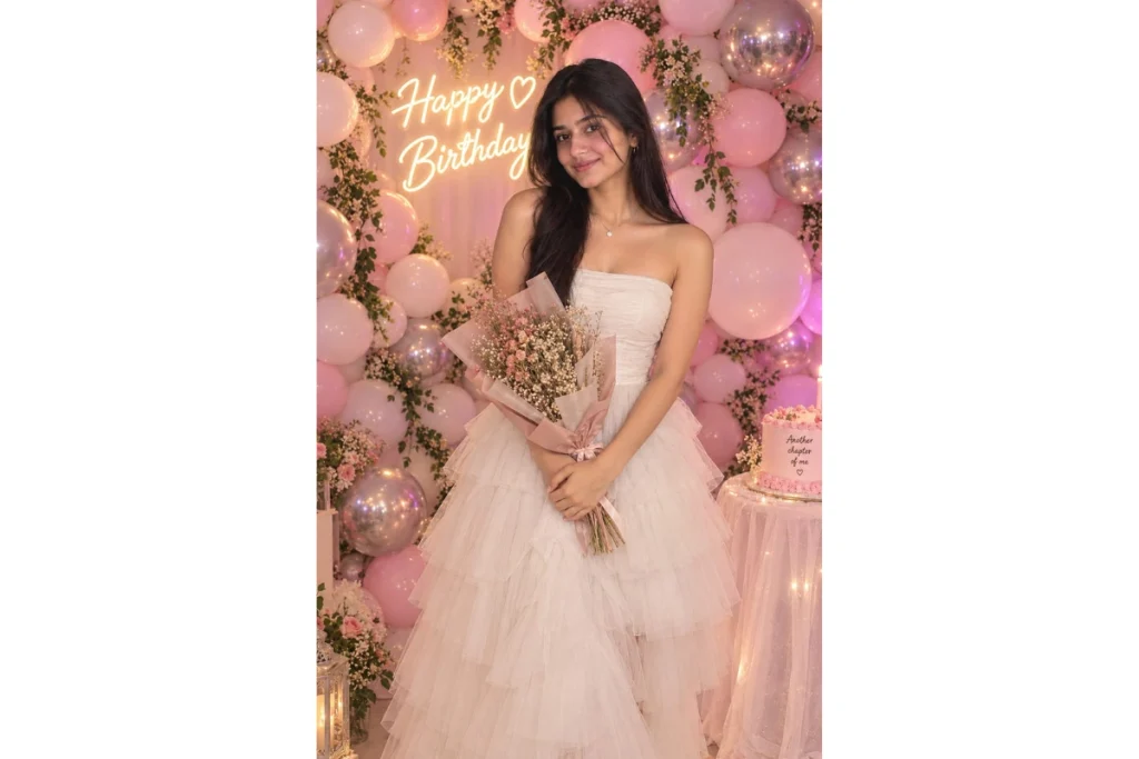 Woman in an elegant white and pink gown holding a bouquet, surrounded by pink balloons and birthday decorations.