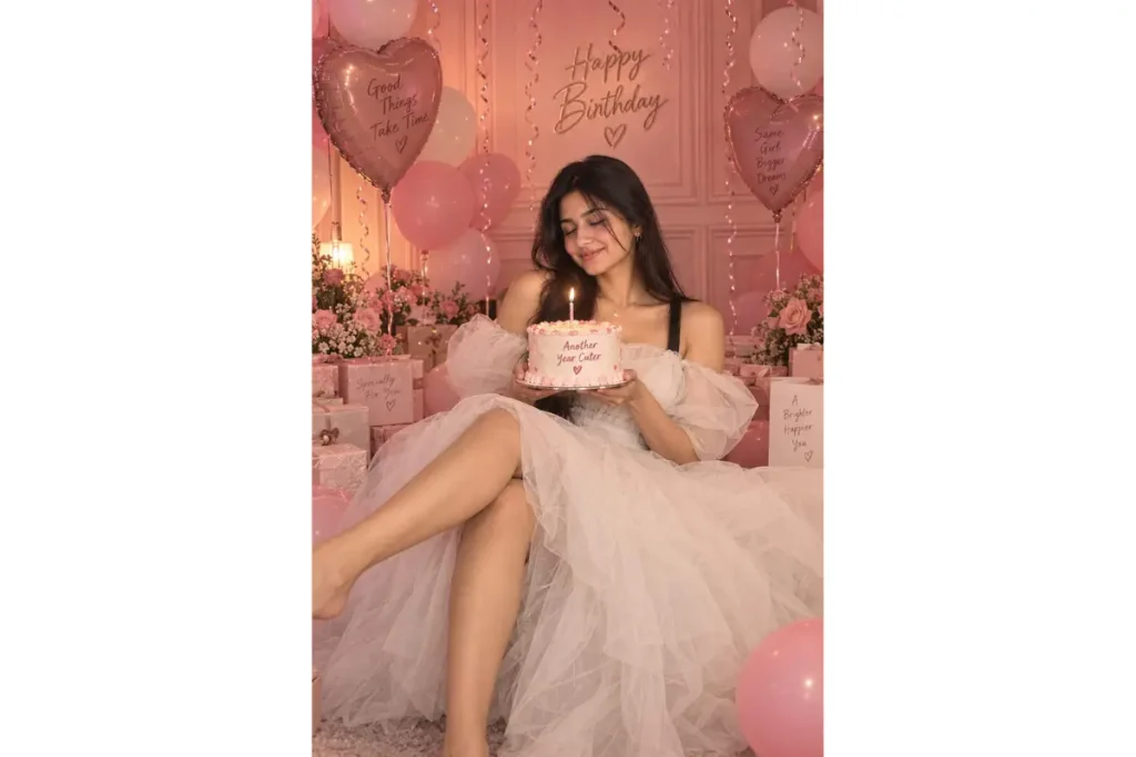 Woman in a flowing light pink dress sitting with a birthday cake in a pink balloon-decorated setting.