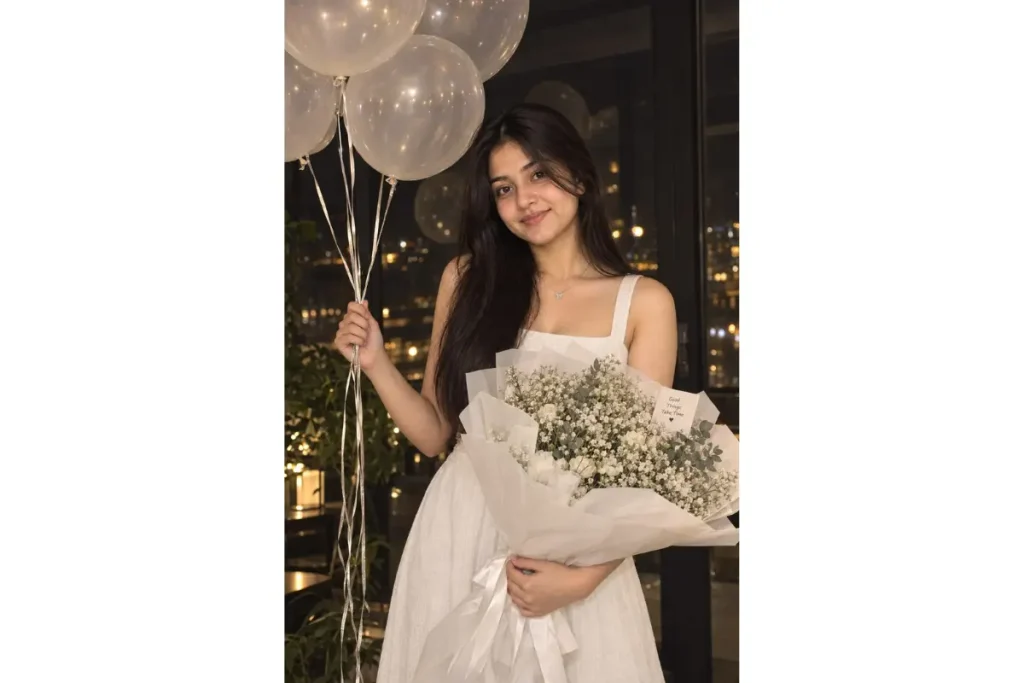 Woman in a white dress holding a large bouquet of white flowers and balloons, with city lights in the background.