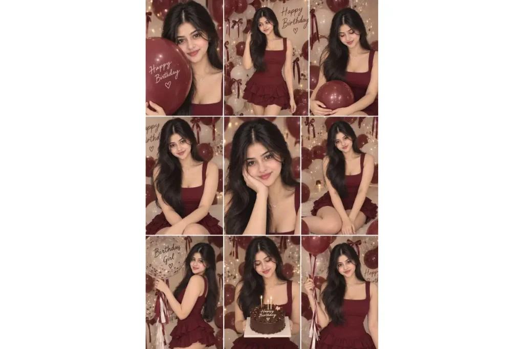 Burgundy Balloon Birthday Collage — 3×3 Grid