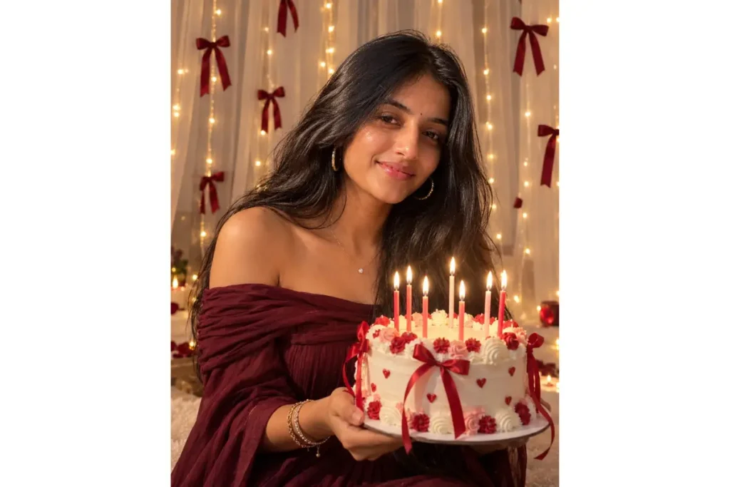 Birthday portrait of a woman holding a white cake decorated with red ribbons, strawberries, and lit candles, with warm fairy lights and red bow decorations in the background.