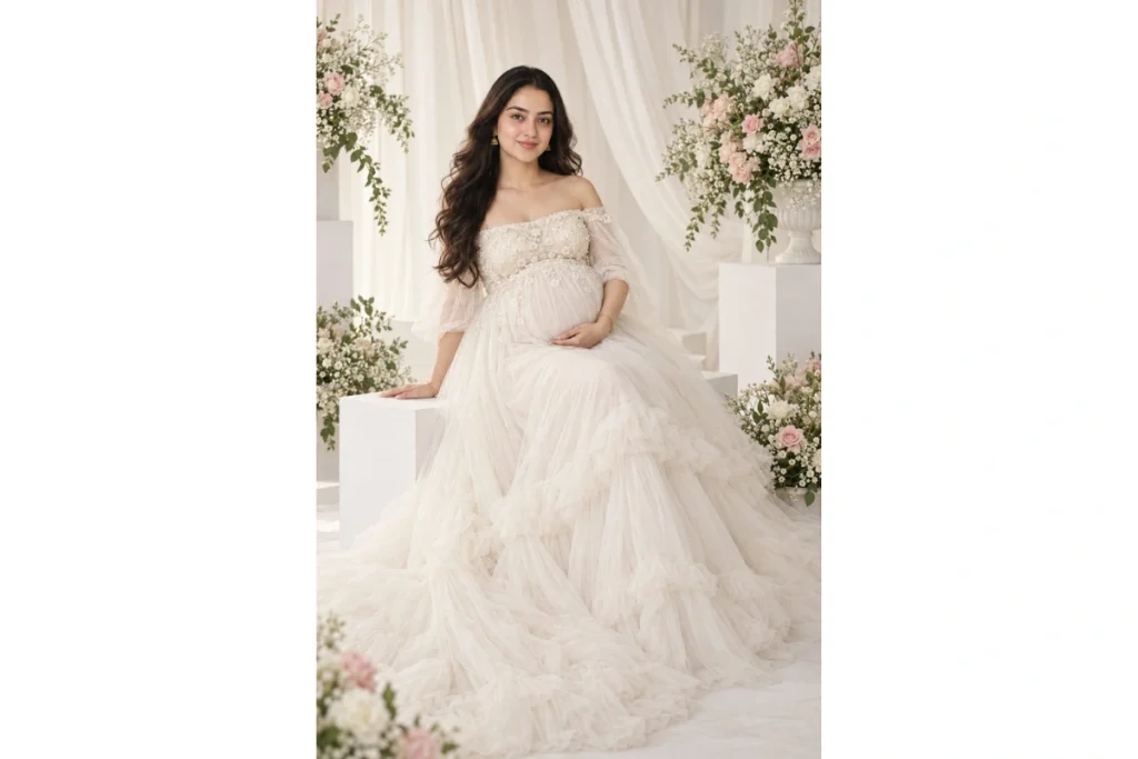 Pregnant woman wearing an elegant white maternity gown posing in a bright studio surrounded by white flowers and soft curtains
