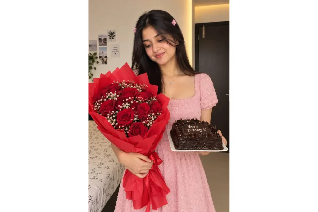 Woman in a pink dress holding a bouquet of red roses and a birthday cake.
