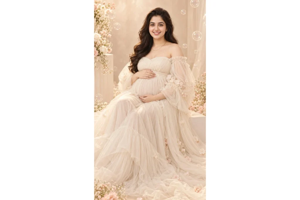 Pregnant woman in a soft cream-colored flowing maternity gown posing gracefully in a dreamy floral studio setting