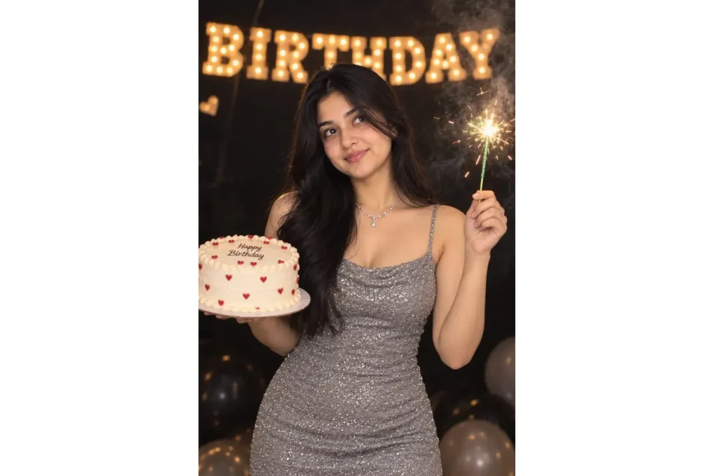Woman in a silver dress holding a birthday cake and a lit sparkler with “BIRTHDAY” lights in the background.