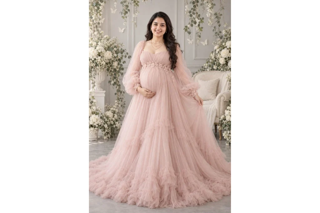 Pregnant woman wearing a flowing blush pink maternity gown with sheer sleeves, standing gracefully in an elegant white floral studio setting