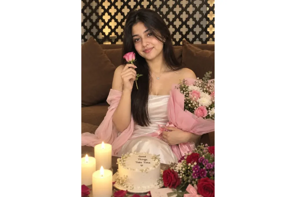 Woman in a white and pink outfit holding a pink bouquet and posing with birthday cakes under warm decorative lights.