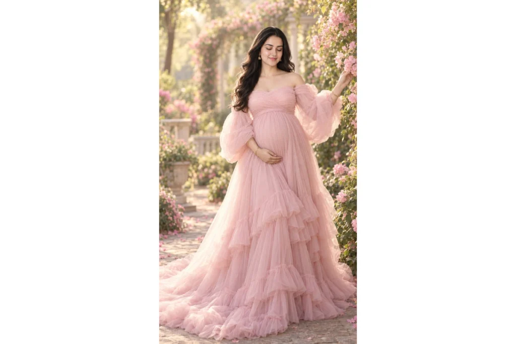 Pregnant woman in a soft pink maternity gown posing in a beautiful botanical garden surrounded by blooming pink flowers and greenery